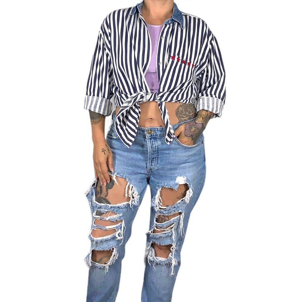 Vintage 90s Stars and Stripes Americana Button Up Long Sleeve Top Medium